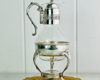 Vintage Raimond Silverplate Glass Carafe with Stand, Repousse Floral