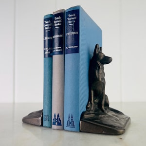 Pode incluir: Um conjunto de três livros vintage "Teach Yourself Books" em checo, japonês e sueco, segurados por um suporte de livros de cão de bronze. Os livros são em tons de azul e cinza, com texto azul escuro. O suporte de livros é uma escultura detalhada de um cão sentado.