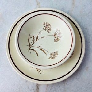 Puede incluir: Un tazón de cerámica blanco con un diseño floral marrón. El tazón está anidado dentro de un plato de cerámica blanco más grande con un borde marrón.