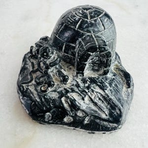 Puede incluir: Una escultura de tortuga de piedra negra y gris tallada. El caparazón de la tortuga está detallado con un patrón de cuadrícula, y la escultura descansa sobre una base texturizada. La piedra tiene una apariencia veteada con variaciones de color.