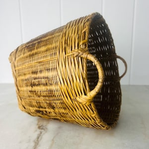 Vintage Rattan and Bamboo Basket with handles, hand woven, for Plants, collectibles, storage, boho, farmhouse decor, gift