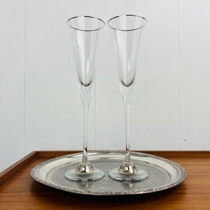 Vintage Champagne Flute Pair, Stunning Art Nouveau 11&quot; with Silver Overlay, Trumpet shape, barware, silver anniversary, wedding gift