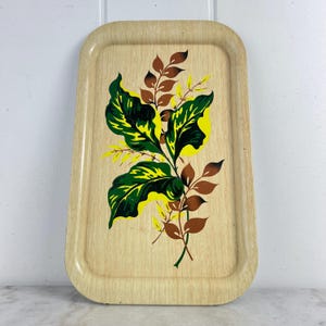 Vintage Retro Metal Tin TV Tray, Decorative Serving Tray, Faux Wood Grain background with Brown, Green and Yellow Leaves, vintage home decor