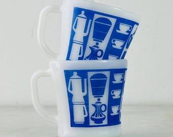 Vintage Federal Glass Kitchenaid Coffee Mugs - Blue & White Milk Glass, Set of 2