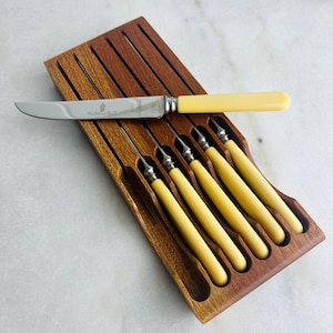 Vintage Haddon Hall Flatware 6 x Steak Knives in Oak Case Celluloid Handles Sheffield Stainless Steel Blades serrated tips for wedding gift