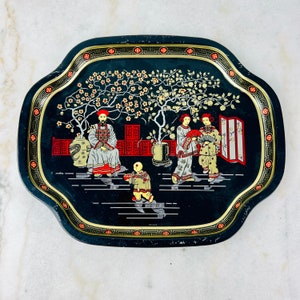 Vintage Black Metal Chinoiserie Elite Tray, by The Metal Tray Mfg Co, 12” long, Made in England, for serving, home decor, gift