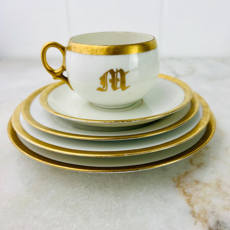 31 Pc Antique 1893 Theodore Haviland Limoges Tea Set, Gothic M, Teacups