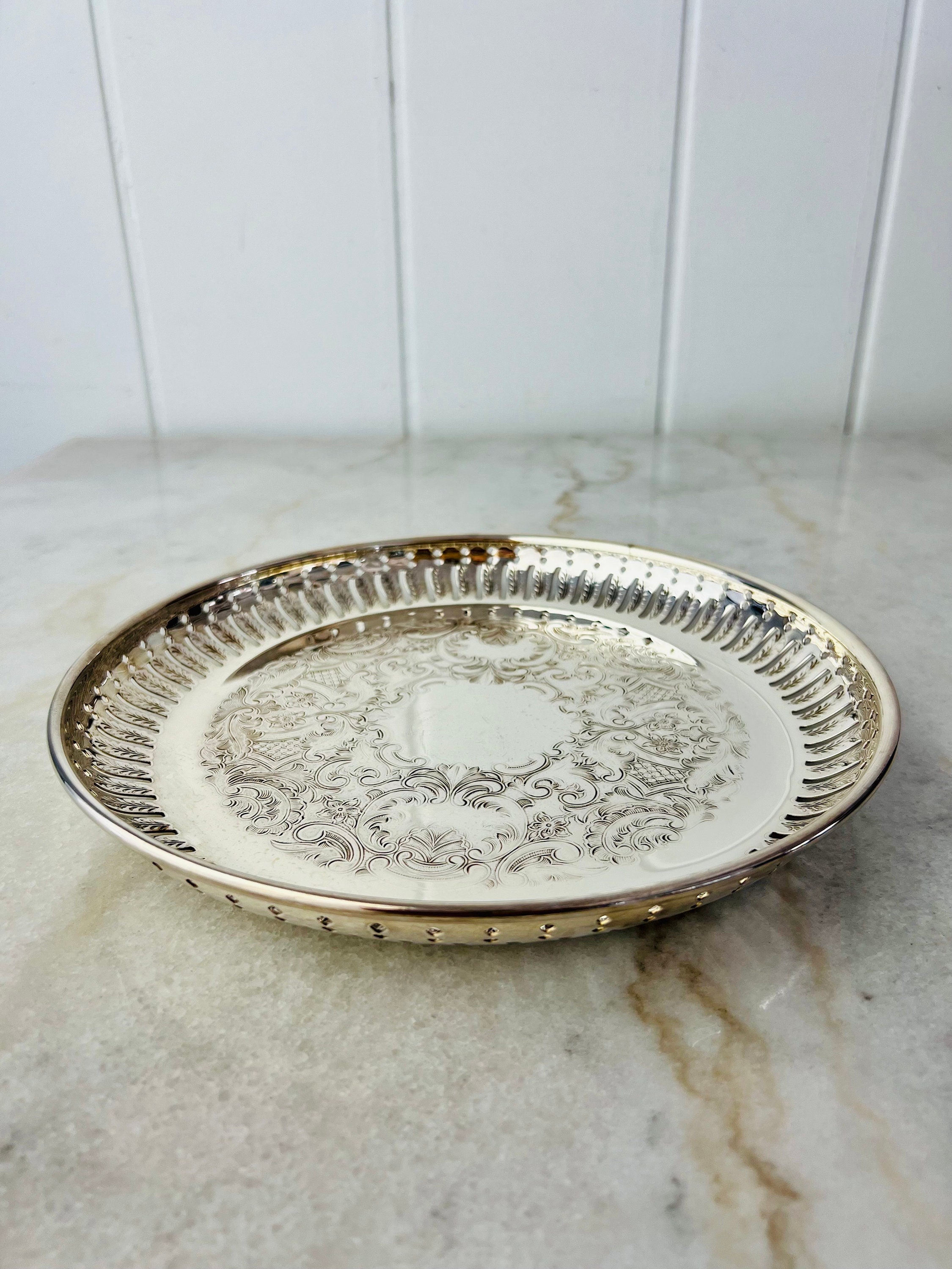 Vintage Marlboro Plate Silver Tray, Pierced Floral Etching, Made
