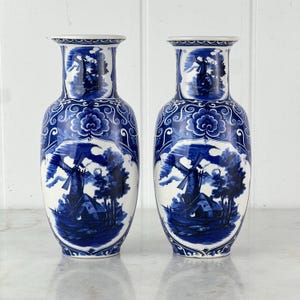 2 x Vintage Delft Blau Vase, White Glaze with Blue Decor, marked C Delft&#39;s, windmill and farms scenes, made in Holland, mid century, gift