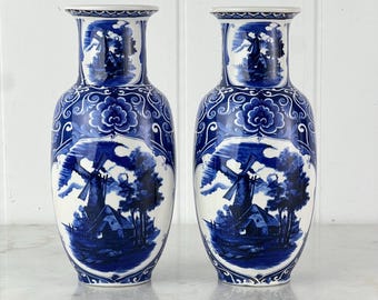 2 x Vintage Delft Blau Vase, White Glaze with Blue Decor, marked C Delft&#39;s, windmill and farms scenes, made in Holland, mid century, gift