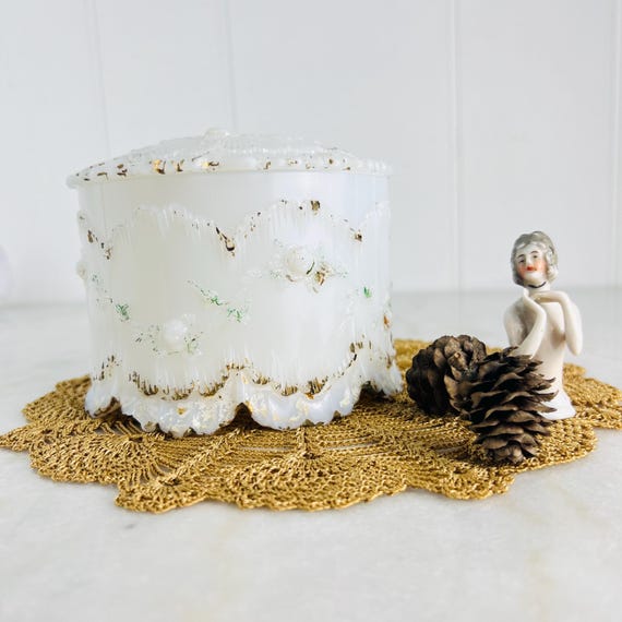Antique Dithridge & Co. Opal Milk Glass Puff Box, Hand Painted, 1890s