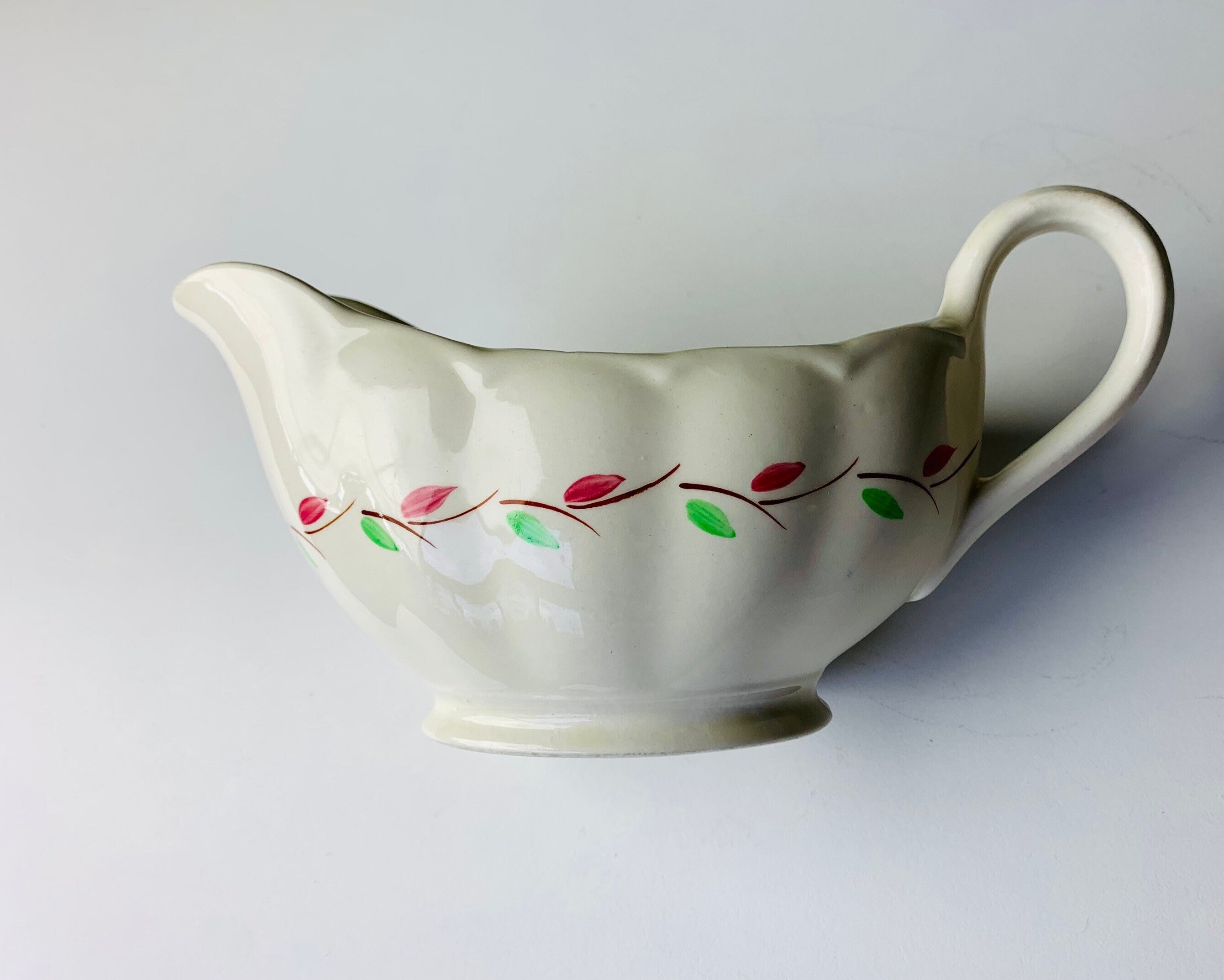 Rare Grindley Creampetal Gravy Boat, red and green vine pattern, for sauce, Made in England, antique kitchen decor