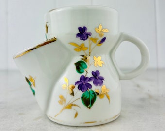 Cubeta de afeitar antigua Union, pintada a mano con motivos florales, ribete dorado, patentada en 1870.