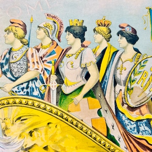 Antique Lithograph, Founding of League of Nations, framed, 1920 print, published by P De Mauro, artist R Melina, English Italian, rare, gift