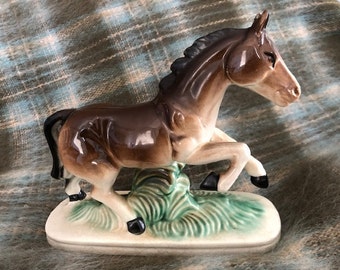 Nippon Yoko Boeki Prancing Horse Sculpture, MCM Ceramic Figurine Collectible Made in Japan, 1950s Japanese Ceramic Horse Sculpture