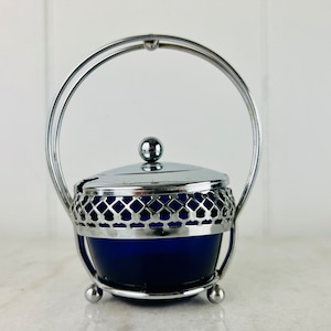 Vintage Mayell Chromium Sugar Bowl with handle and lid cobalt blue glass insert, tableware, jam server, housewarming gift