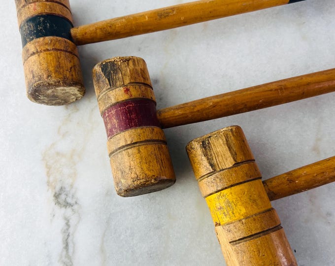 Vintage Croquet Mallets, Set of Three, Red Blue Yellow Striped ...