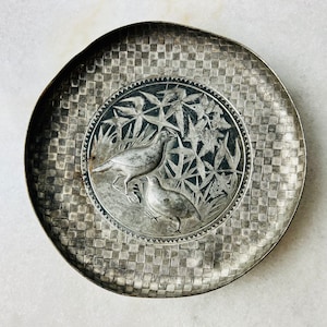 Antique Wm Rogers Mfg Co footed dish, 1860s-'90s, Quadruple Silver Plated, Pheasant Design, for jewelry, trinkets, shabby chic, rare, gift