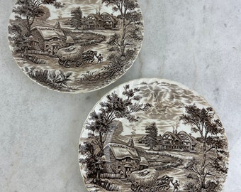 Vintage Ridgway Hayride Plate, Set of Two, 1950s Ironstone, Brown