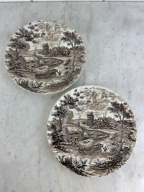 Vintage Ridgway Hayride Plate Set, Brown Transferware Ironstone