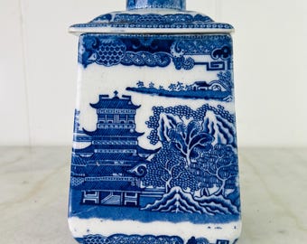 Caja de té antigua Ringtons, diseño chinoiserie Blue Willow