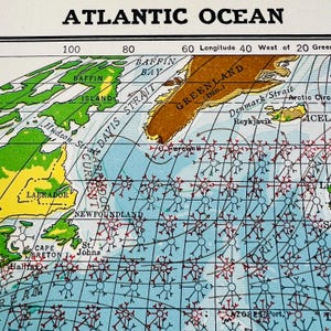 Carte lithographique vintage 1939 de l'océan Atlantique, montre les vents et les courants chauds et froids, carte historique, décoration murale vintage, objet de collection, cadeau