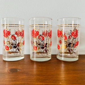 Vintage Small Juice Glass set of 3, Red Rose w Floral Lace design gold trim mid century cocktail drink ware romantic gift retro barware gift
