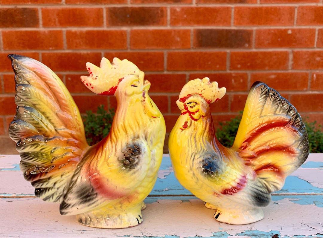 Vintage Rooster and Hen Sculptures, 1940s Hand Painted Rooster and Hen