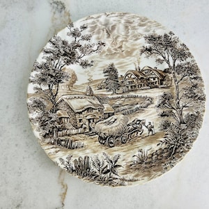 Vintage Ridgway Hayride Plate, set of two, 1950s ironstone, brown transferware, made in Staffordshire England
