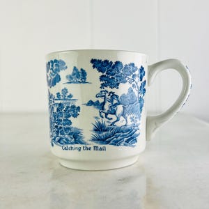 Vintage Ridgway Coaching Days Coffee Mug, Blue Transferware, discontinued pattern, &quot;Catching the Mail&quot; and &quot;The Packhorse&quot; scenes, gift