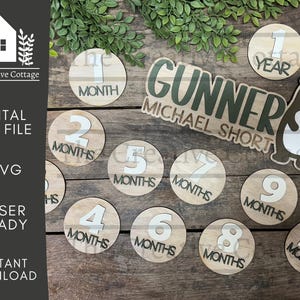 May include: A set of 10 round wooden baby milestone discs with white numbers and the word "MONTHS" printed on each disc. The discs are arranged in a circle around a larger wooden sign with the text "GUNNER MICHAEL SHORT" in green letters. There is also a small wooden bear cutout.
