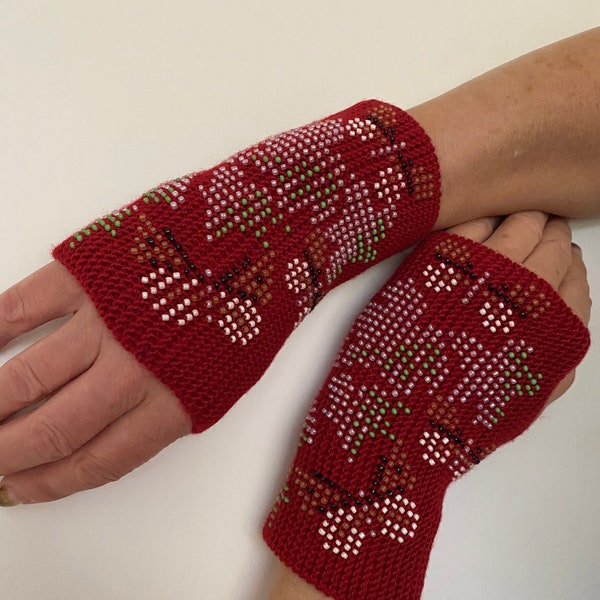 Handmade beaded arm/hand/wrist warmers with butterfly design