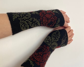 Handmade beaded arm/wrist/hand warmers with rose design