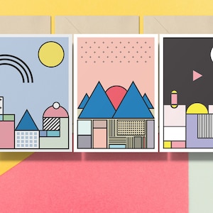 3 Memphis Milano Postcard Set, 3 geometric Postcards, Illustrated Postcard Pack, Wall Prints, wall deco, A6 Postcards, mid century modern