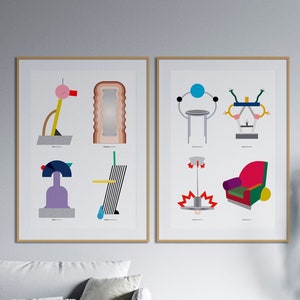 Set 2 pictures - Memphis Milano furniture, wall decor, original poster, postmodern art, print illustration, classic design, classic poster