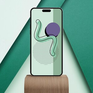 Op de afbeelding: Een smartphone met een zwart frame en een groen en wit scherm. Het scherm heeft een paarse cirkel en een groene kronkelende lijn.