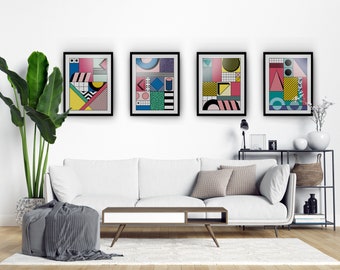 Set Of 4 Prints Geometric, MEMPHIS Milano, 80&#39;s print, Set Of Prints, 4 Piece Decor, 4 Prints Set, 4 Piece Wall Art, Colorful Wall Art - 100