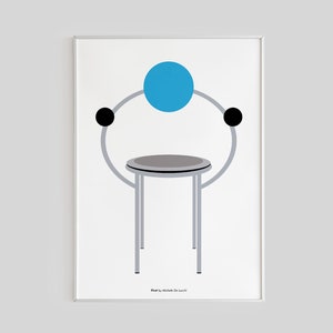 K&ouml;nnte beinhalten: Eine minimalistische Illustration eines Stuhls mit einer runden Sitzfl&auml;che und einer blauen Kugel oben. Der Stuhl hat einen silbernen Rahmen und schwarze Akzente. Der Text "Prop by Michael Thonet" ist unter dem Stuhl gedruckt.