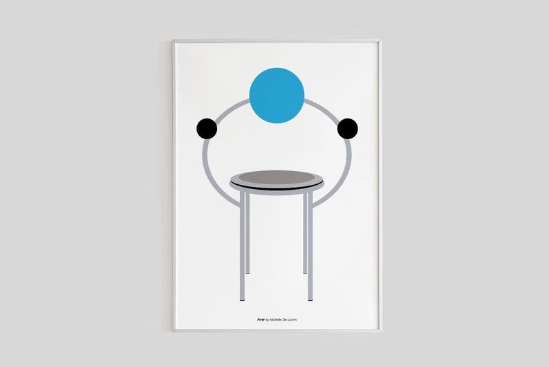 K&ouml;nnte beinhalten: Eine minimalistische Illustration eines Stuhls mit einer runden Sitzfl&auml;che und einer blauen Kugel oben. Der Stuhl hat einen silbernen Rahmen und schwarze Akzente. Der Text "Prop by Michael Thonet" ist unter dem Stuhl gedruckt.