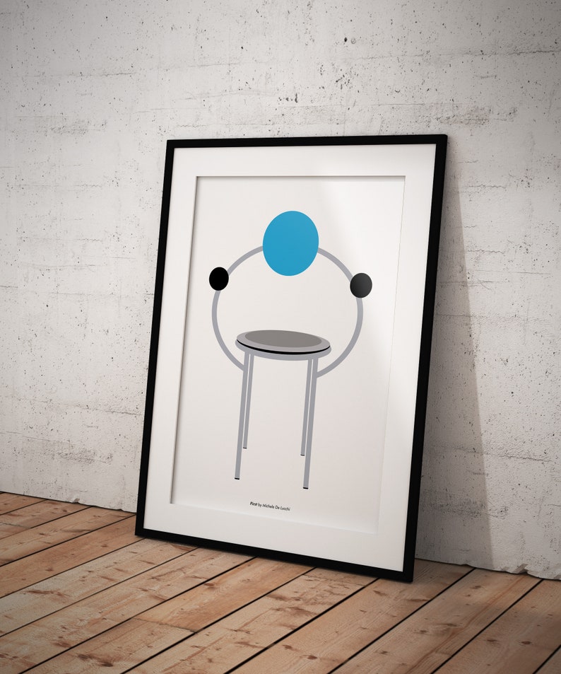 K&ouml;nnte beinhalten: Ein gerahmter Druck einer minimalistischen Illustration eines Stuhls mit einem blauen Kreis oben, zwei schwarzen Kreisen an den Seiten und dem Text "Piv&ocirc;t by Michele de Lucchi".