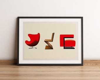 Puede incluir: Una impresión enmarcada con tres sillas icónicas del diseño moderno de mediados de siglo: una silla huevo roja, una silla zig-zag marrón y una silla lounge roja con un marco de metal negro.