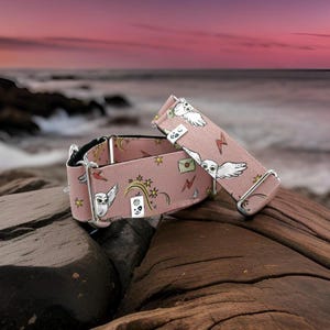 May include: Two pink dog collars with a repeating pattern of white owls, lightning bolts, and envelopes. The collars have silver hardware and are displayed on a wooden surface with a beach and sunset in the background.