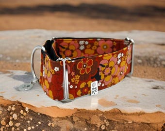 Red Retro Japanese Floral with Cat Silhouette / Greyhound - Whippet - Italian Greyhound Martingale Collar