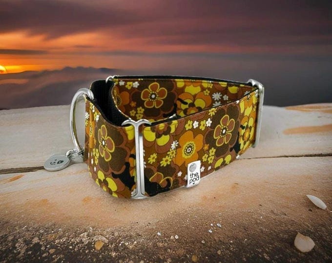 Yellow Retro Japanese Floral with Cat Silhouette / Greyhound - Whippet - Italian Greyhound Martingale Collar