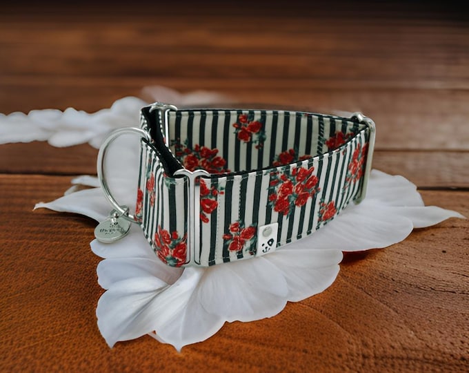 Vintage Border with Red Rose | Martingale Collar Greyhound - Whippet - Italian greyhound