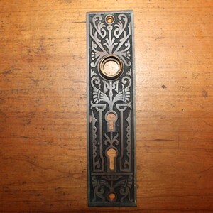 May include: A silver door plate with an ornate design and two keyholes. The plate has a black background and silver accents.