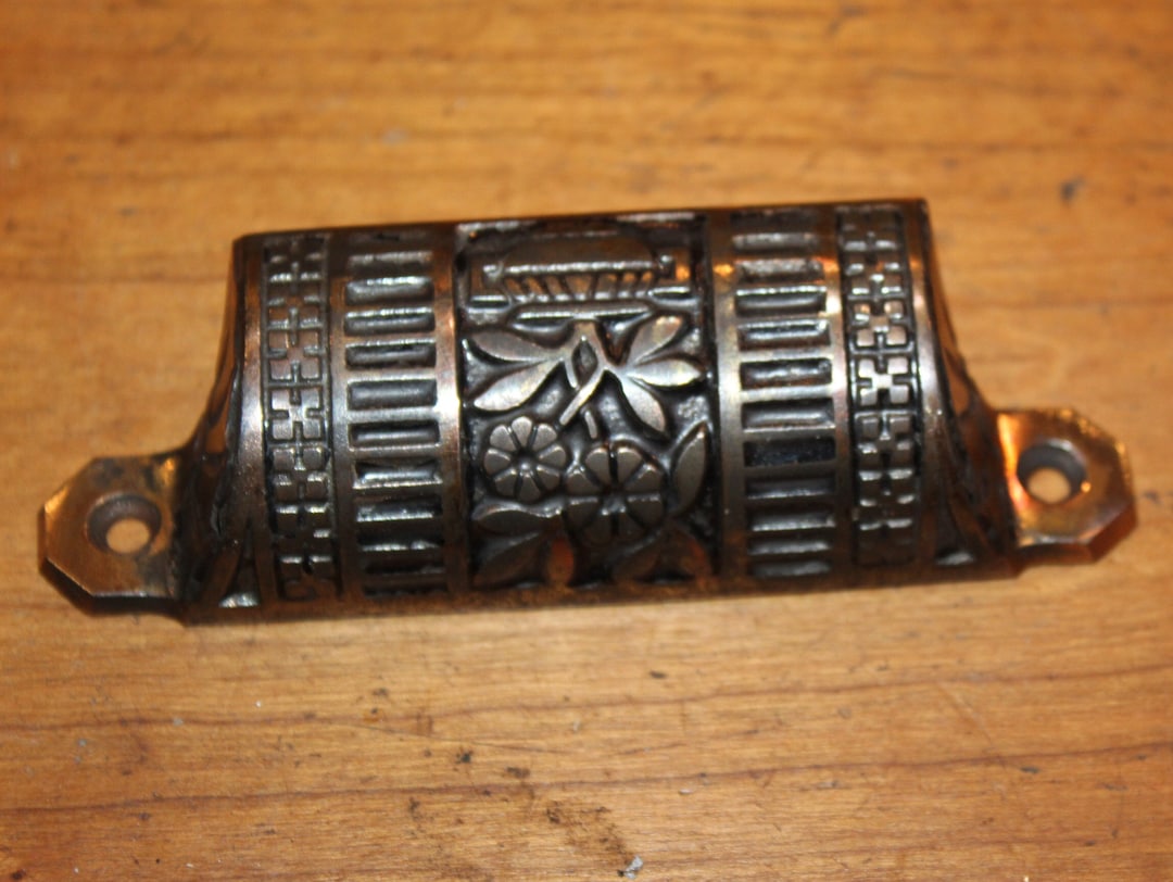 Antique Brass Plated Cast Iron Detailed Bin Apothecary Cupboard Drawer