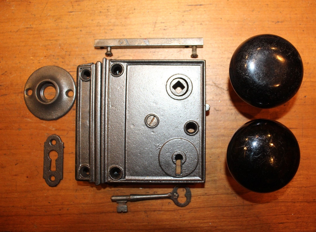 Restored Antique Cast Iron Rim Lock Set With Knobs Keyhole Etsy