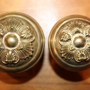May include: Two ornate brass door knobs with a detailed floral design. The knobs are round and have a raised center.