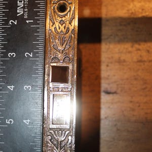 May include: Close-up of a vintage, ornate metal door plate with decorative floral and geometric patterns. The plate is approximately 6 inches long and 1.5 inches wide. The plate has two square openings and two circular openings.